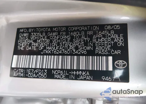 2006 Scion Xa z USA, uszkodzony, nr VIN JTKKT624760134296